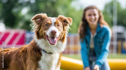 Happy and energetic dog stands proudly in foreground after completing an agility course, with its smiling owner in background. Outdoor setting, capturing joy of training and teamwork.