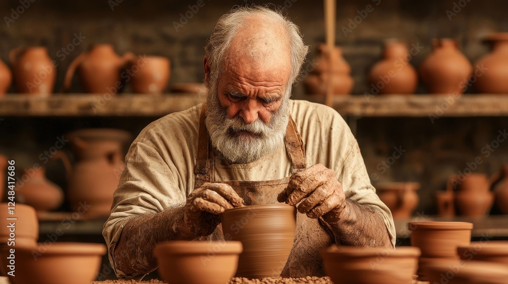 Elderly Craftsman Shaping Clay Pot in Traditional Pottery Studio Elderly Craftsman Shaping Clay Pot in Traditional Pottery Studio