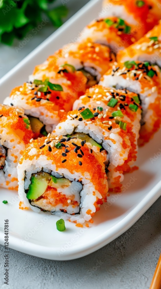 Delicious california sushi rolls with tobiko and avocado on white plate Delicious california sushi rolls with tobiko and avocado on white plate