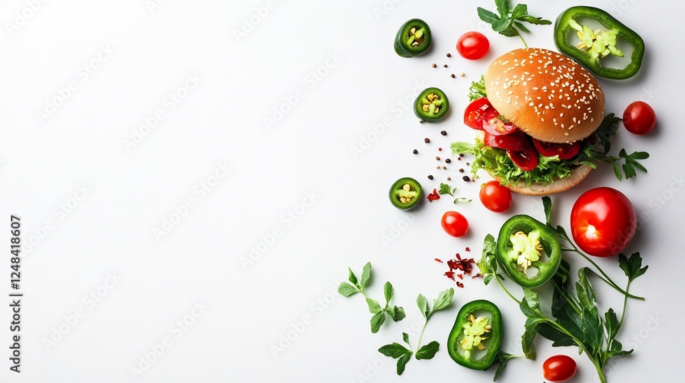 Delicious burger with fresh ingredients on a white background perfect for food blog or menu design Delicious burger with fresh ingredients on a white background perfect for food blog or menu design