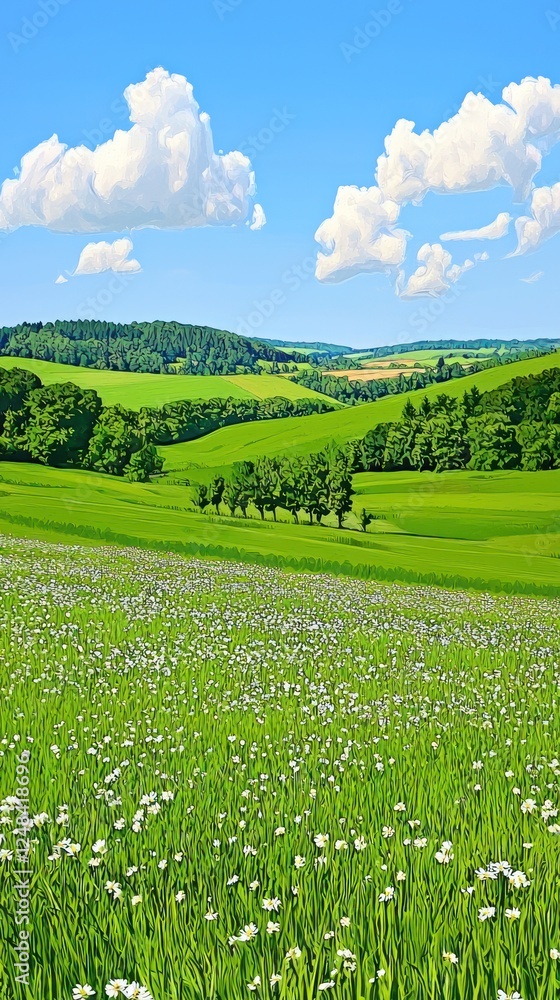 Fototapeta premium Lush green field, rolling hills, sunny sky, tranquil scene