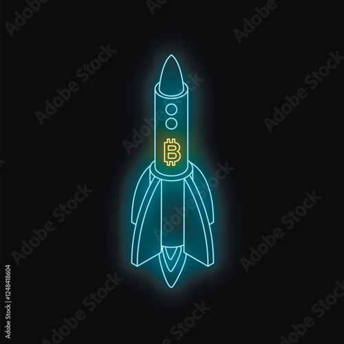 Glowing blue neon rocket flying up with bitcoin symbol, showing cryptocurrency growth or rising price