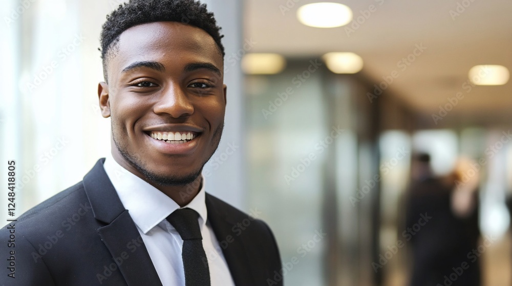 Smiling African American businessman in suit with modern office background Smiling African American businessman in suit with modern office background