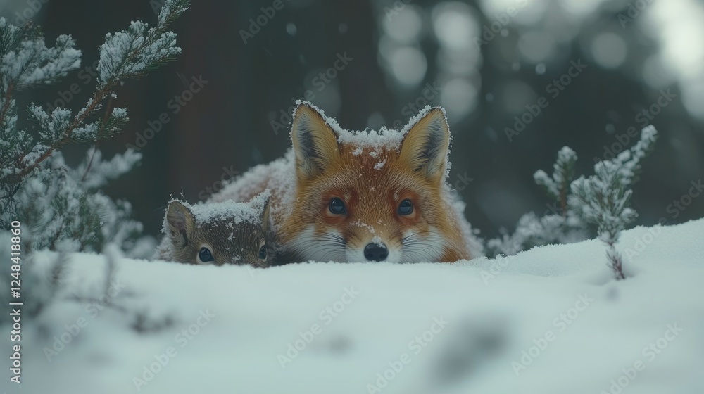 Fototapeta premium Winter Wonderland: Fox and Squirrel in Snowy Forest