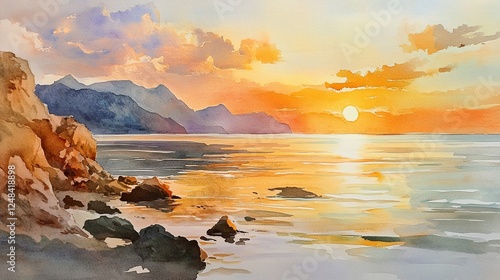Watercolor Seascape with a Fiery Sunset over Calm Waters and Rocky Shoreline