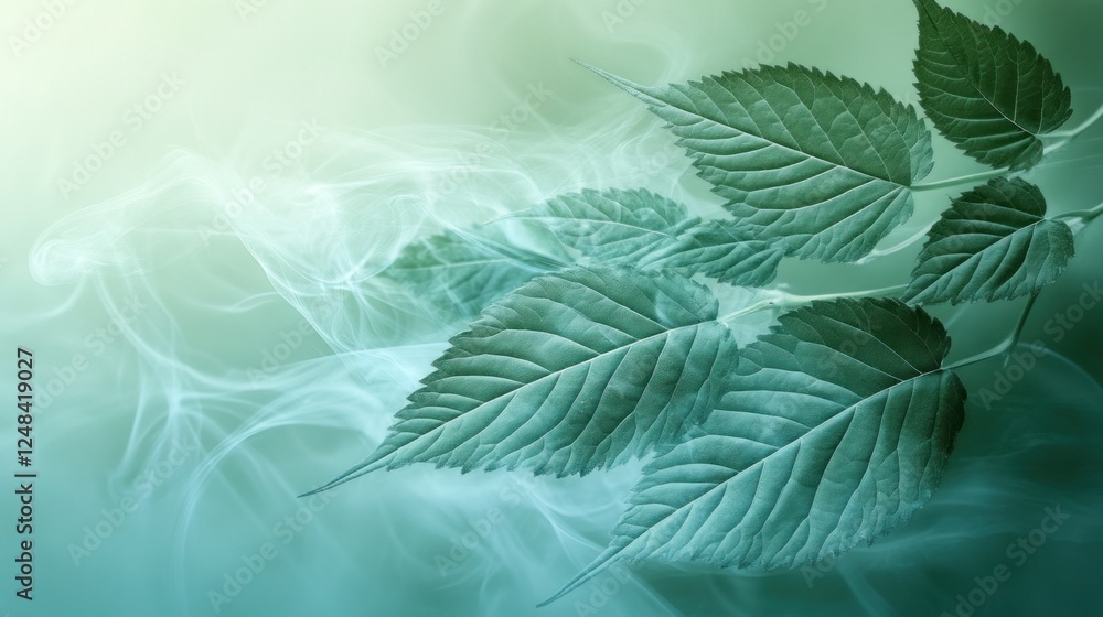 Serene Green Leaves Enveloped in Misty Smoke Serene Green Leaves Enveloped in Misty Smoke