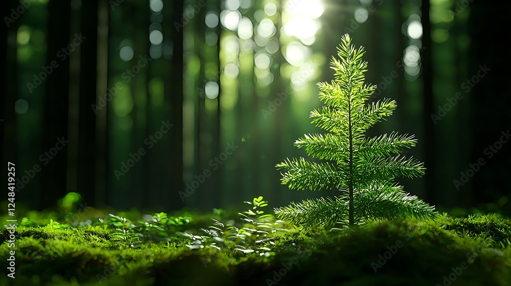 Obraz premium Young Tree in Sunlight Forest