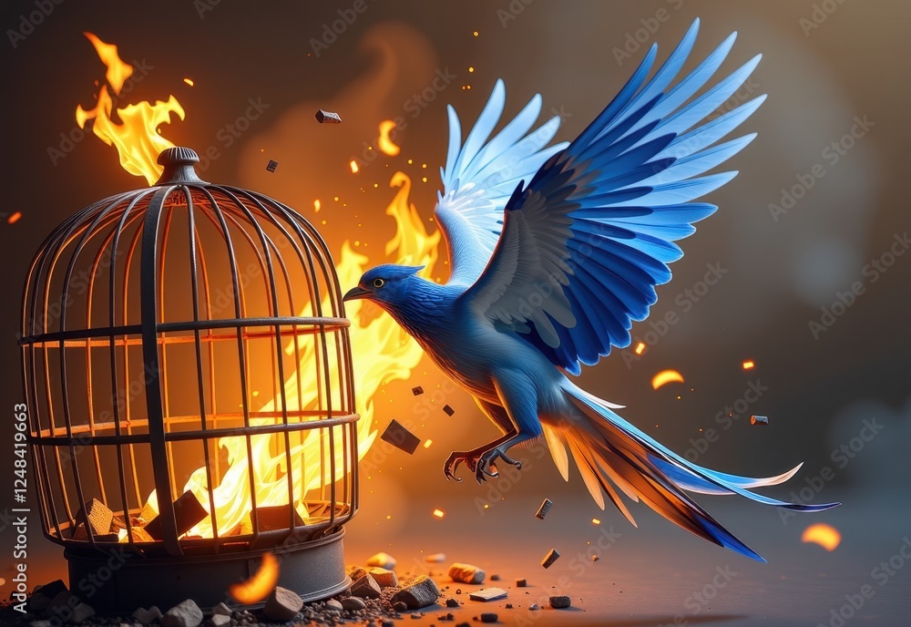 Fototapeta premium A majestic phoenix breaking free from its cage The scene is filled with fiery energy as the mythical bird bursts into flames,