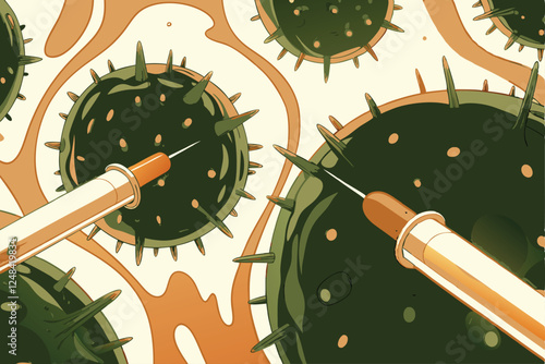 Stylized illustration depicting microscopic vaccine syringes battling harmful microorganisms, vibrant colors, dynamic action.