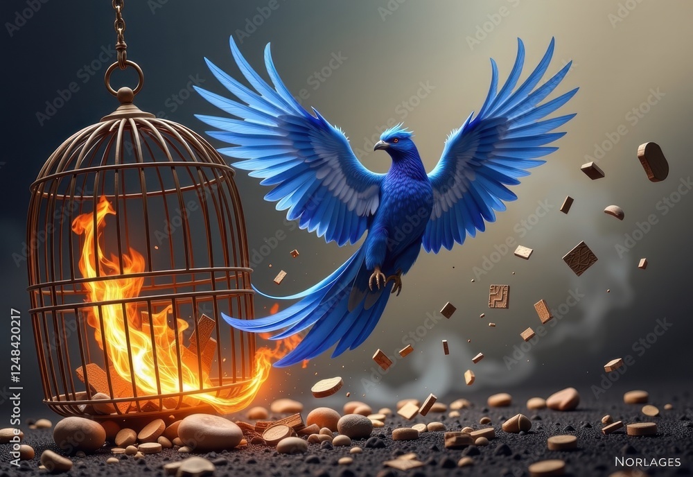 Fototapeta premium A majestic phoenix breaking free from its cage The scene is filled with fiery energy as the mythical bird bursts into flames,