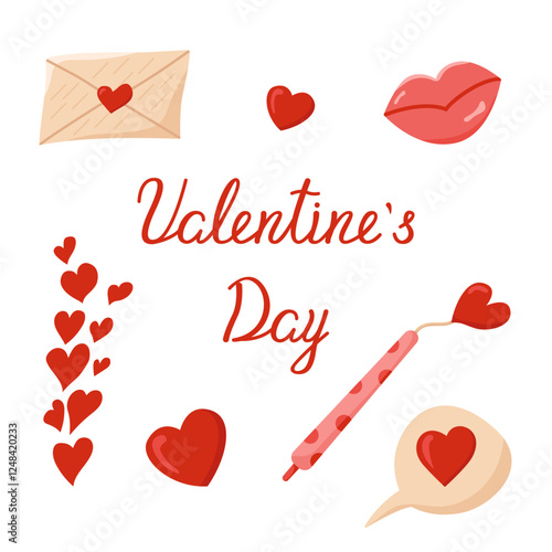 Set of Vector objects for Valentine's Day. Color image of a love letter with a pen, lips and hearts. Declaration of love.