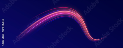 Creative vector illustration of flying cosmic meteor, planetoid, comet, fireball isolated on transparent background. Effect, png, wave,neon,line. Light arc in neon colors, in the form of a turn.  