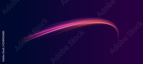 Creative vector illustration of flying cosmic meteor, planetoid, comet, fireball isolated on transparent background. Effect, png, wave,neon,line. Light arc in neon colors, in the form of a turn.  