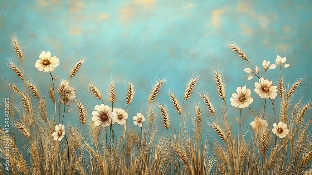 Golden Wheat Field with Delicate White Flowers Golden Wheat Field with Delicate White Flowers