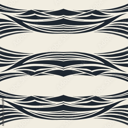 Seamless pattern with elongated wave inspired lines in deep blue and beige tones, fit for fabric designs, packaging, stationery, home decor, and digital backgrounds