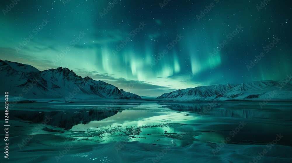 The Northern Lights reflecting in a still, frozen lake. The Northern Lights reflecting in a still, frozen lake.