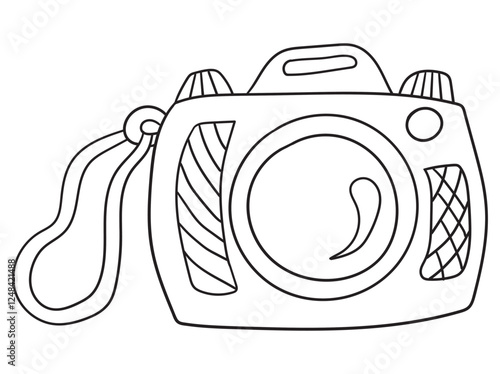 Detailed black and white camera illustration for coloring books. Perfect for kids and adults who love photography. Printable, high-resolution vector art.