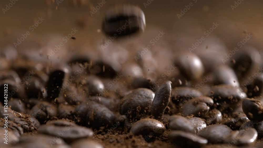 Coffee Beans Falling in Super Slow-Motion at 1000 fps, Cafe Powder Airborne, Captured with Macro Lens Coffee Beans Falling in Super Slow-Motion at 1000 fps, Cafe Powder Airborne, Captured with Macro Lens