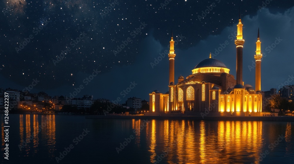 custom made wallpaper toronto digitalIlluminated Mosque Reflecting in Night Water Under Starry Sky