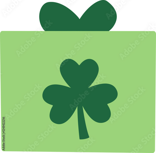 Green Gift Box with Clover Decoration.
St. Patrick's day gift box flat illustration vector.
St. Patrick's day gift wrapping Isolated. 
Transparent background.