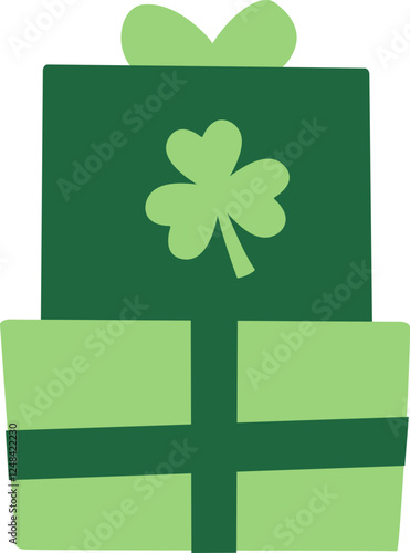 Green Gift Box with Clover Decoration.
St. Patrick's day gift box flat illustration vector.
St. Patrick's day gift wrapping Isolated. 
Transparent background.