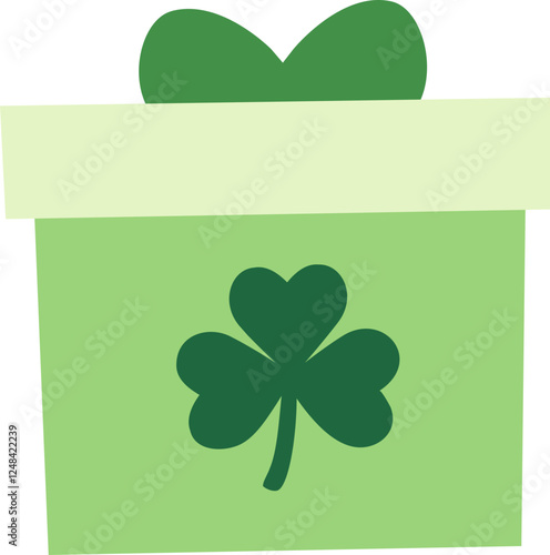 Green Gift Box with Clover Decoration.
St. Patrick's day gift box flat illustration vector.
St. Patrick's day gift wrapping Isolated. 
Transparent background.