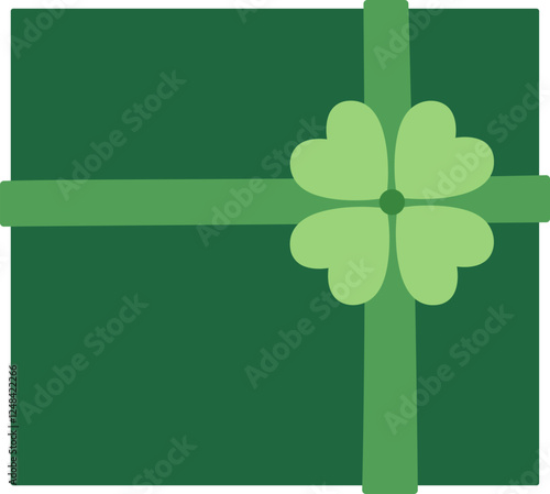 Green Gift Box with Clover Decoration.
St. Patrick's day gift box flat illustration vector.
St. Patrick's day gift wrapping Isolated. 
Transparent background.