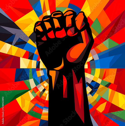 Abstract colorful background with fist raised upwards. Contemporary art collage. Black history month juneteenth background	