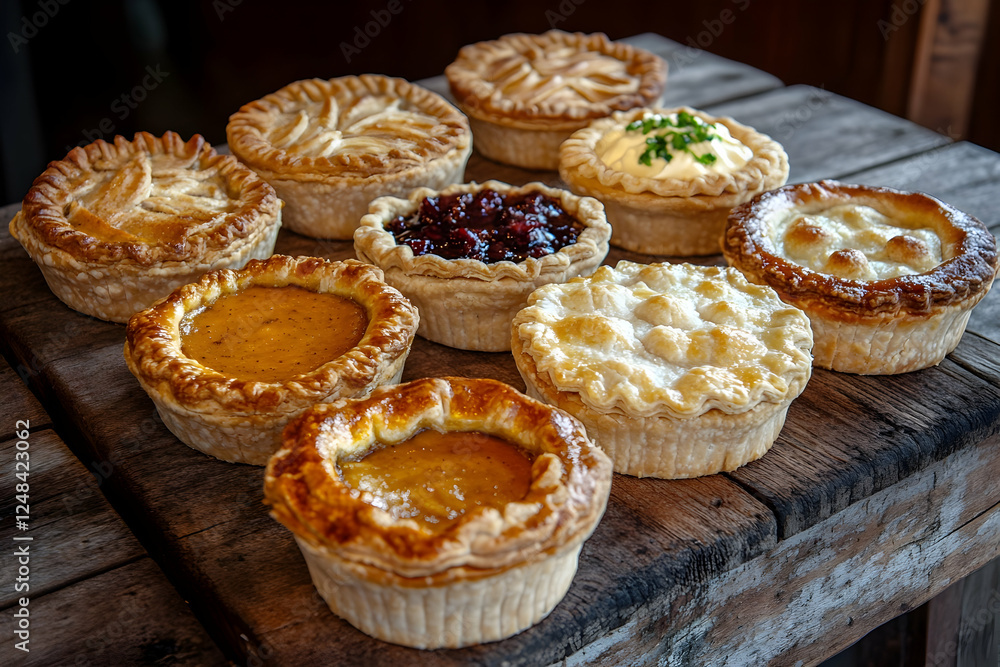 Assorted homemade pies on rustic wooden table Assorted homemade pies on rustic wooden table