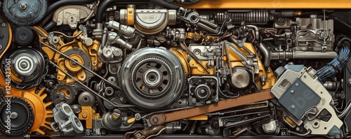 Complex machinery engine with intricate mechanical parts