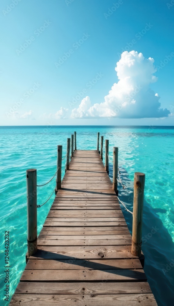 Rustic wooden platform extending into calm Caribbean waters, aged, calm, waves Rustic wooden platform extending into calm Caribbean waters, aged, calm, waves