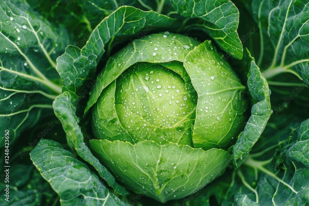 Obraz premium Fresh Cabbage Growing in Garden with Water Droplets, Emphasizing Freshness and Culinary Possibilities