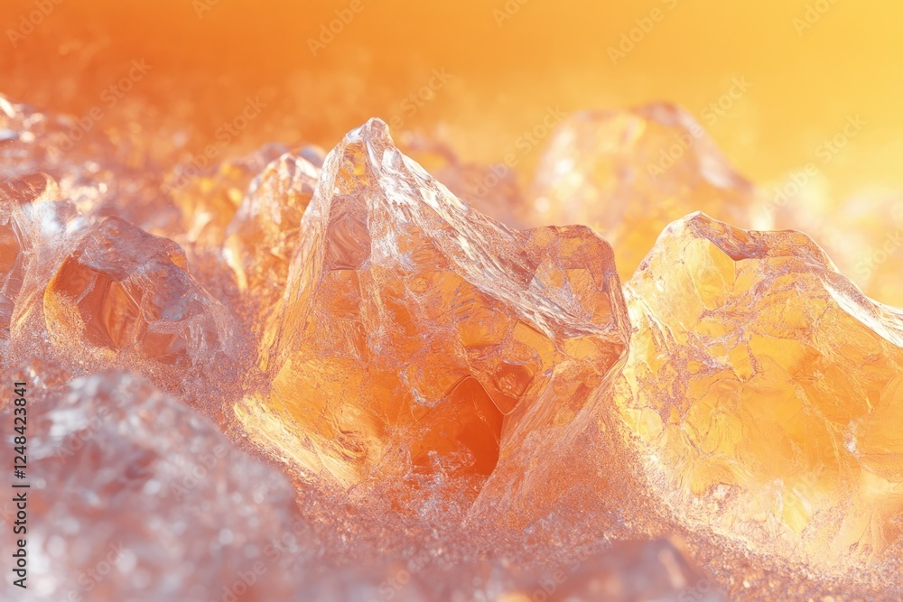 Close-up of translucent amber-colored crystals resembling a mountainous landscape. Close-up of translucent amber-colored crystals resembling a mountainous landscape.