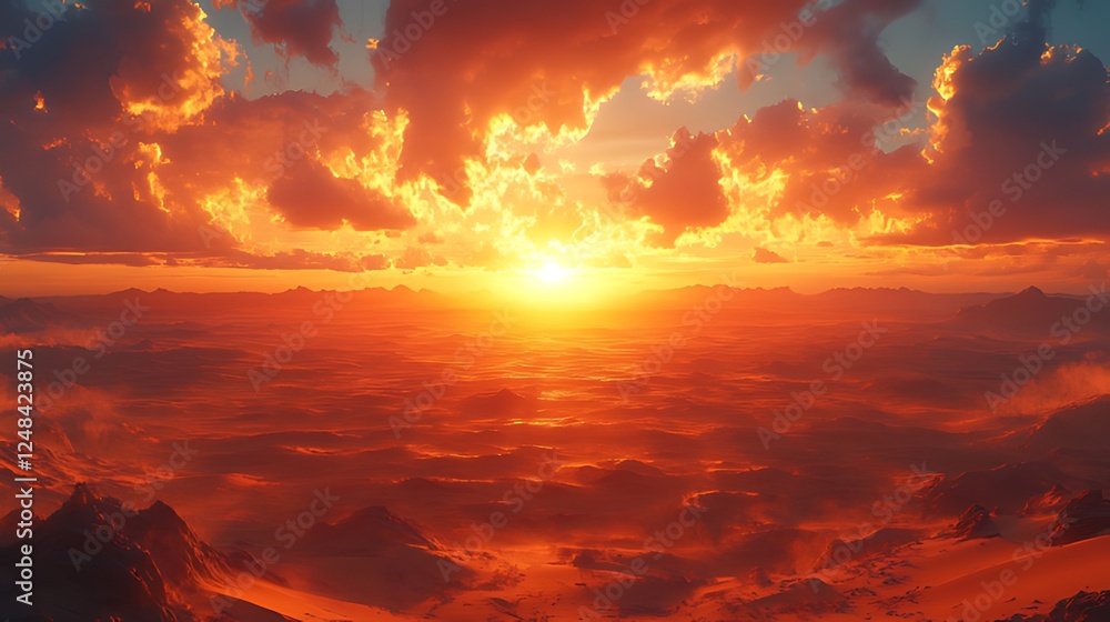 Fototapeta premium Fiery sunset over mountains, cloudscape, aerial view, fantasy landscape