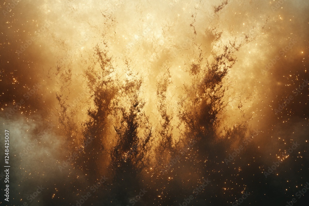 Golden, ethereal explosion; fractal patterns in smoke and light create a mystical scene. Golden, ethereal explosion; fractal patterns in smoke and light create a mystical scene.