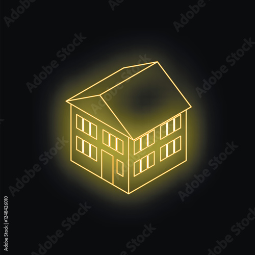 Neon yellow isometric house glowing on black background, representing real estate, construction or architecture