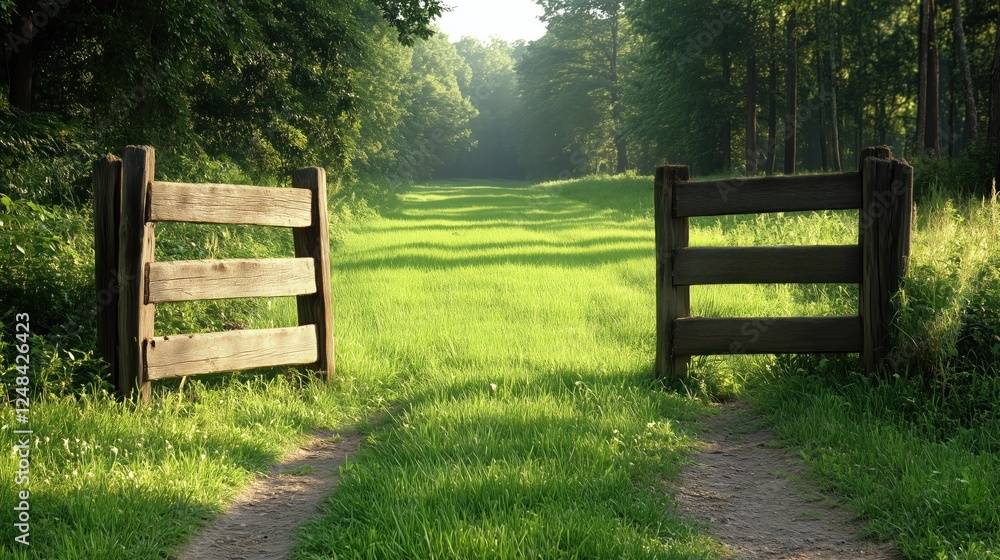 vibrant trail cuts through lush green grass, framed by wooden gates on either side. Tall trees stand nearby, bathed in soft morning sunlight, creating a peaceful atmosphere vibrant trail cuts through lush green grass, framed by wooden gates on either side. Tall trees stand nearby, bathed in soft morning sunlight, creating a peaceful atmosphere