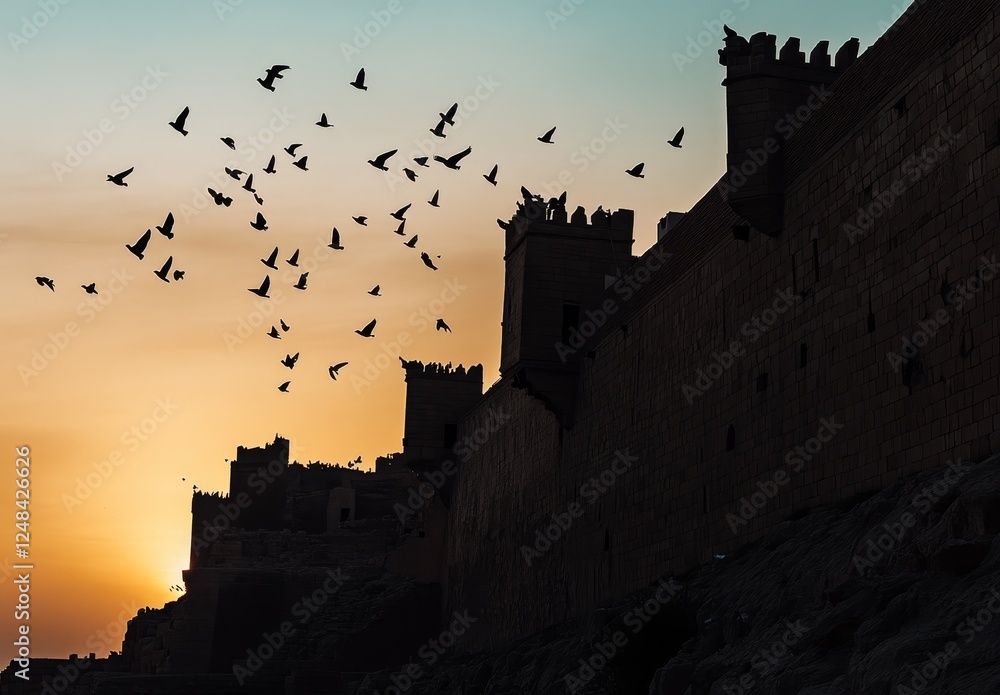 Fototapeta premium Sunset silhouettes of birds flying over ancient stone castle walls.