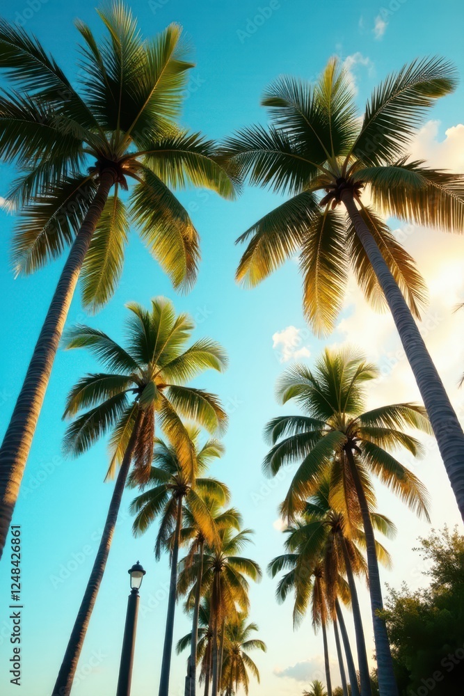 Tall coconut palms bathed in golden sunlight, azure sky overhead , paradise, scenic, warm Tall coconut palms bathed in golden sunlight, azure sky overhead , paradise, scenic, warm