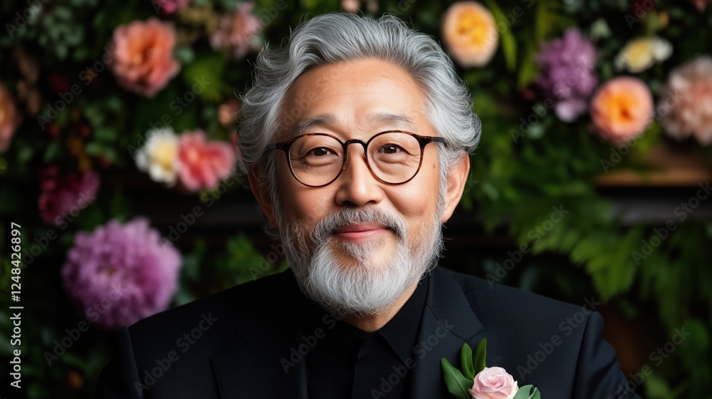 gentleman with a distinguished gray beard and glasses smiles warmly while dressed in formal attire. Vibrant flowers create a beautiful backdrop, suggesting a special occasion gentleman with a distinguished gray beard and glasses smiles warmly while dressed in formal attire. Vibrant flowers create a beautiful backdrop, suggesting a special occasion
