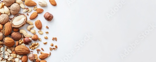 Assorted mixed nuts scattered on white background