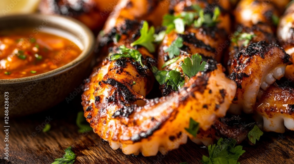 A close-up of a freshly grilled squid tentacle, perfectly charred, with a side of spicy dipping sauce and a sprinkle of herbs. A close-up of a freshly grilled squid tentacle, perfectly charred, with a side of spicy dipping sauce and a sprinkle of herbs.