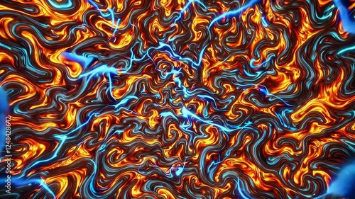 An abstract landscape of flowing, textured waves in warm orange and cool blue tones,
