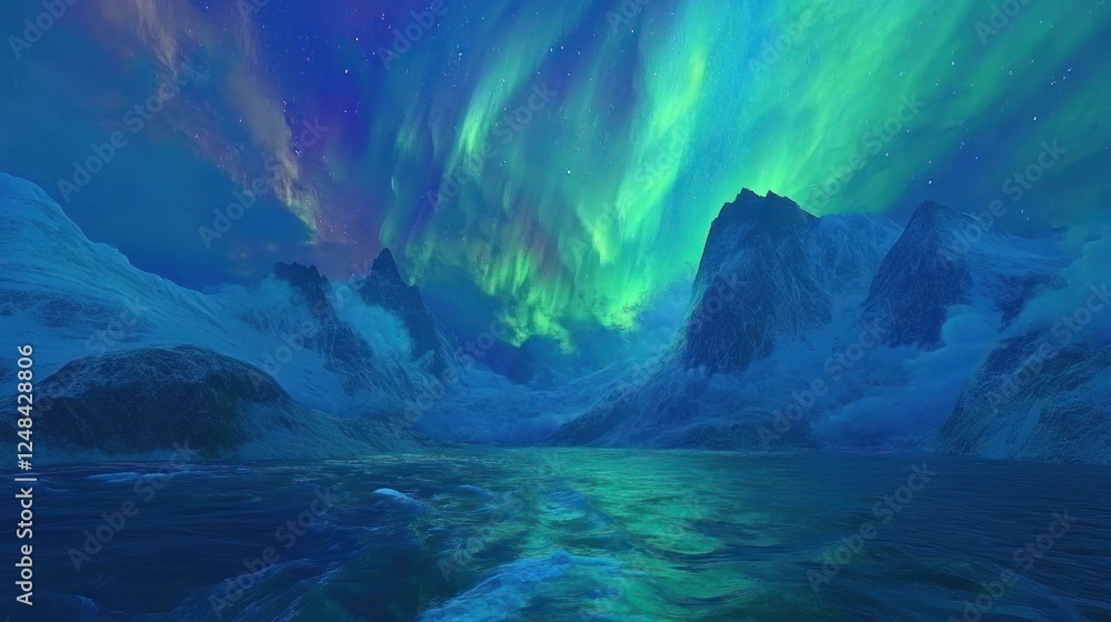 Fototapeta premium Aurora Borealis Illuminates Snowy Mountains and Calm Waters