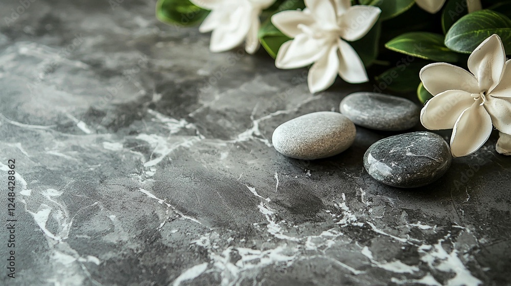 Fototapeta premium Spa stones and flowers on marble
