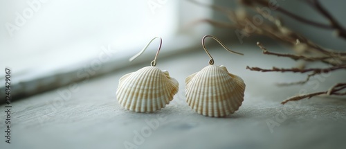 Two seashell-shaped earrings rest gracefully over a rustic wooden surface, evoking a sense of coastal charm and elegant simplicity. photo