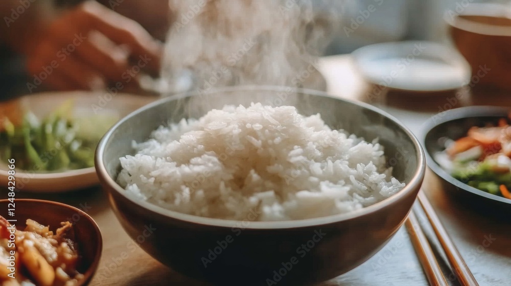 A close-up of a steaming bowl of fluffy, white rice with wisps of steam rising, set on a traditional dining table with chopsticks and side dishes. A close-up of a steaming bowl of fluffy, white rice with wisps of steam rising, set on a traditional dining table with chopsticks and side dishes.