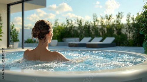 Woman relaxing in outdoor hot tub, modern home background