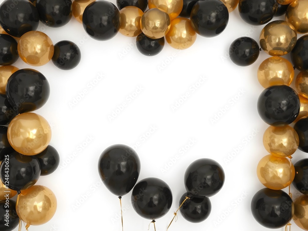 Glossy black and gold balloons positioned at the sides of a clean white background, creating a classy and luxurious party theme. Glossy black and gold balloons positioned at the sides of a clean white background, creating a classy and luxurious party theme.
