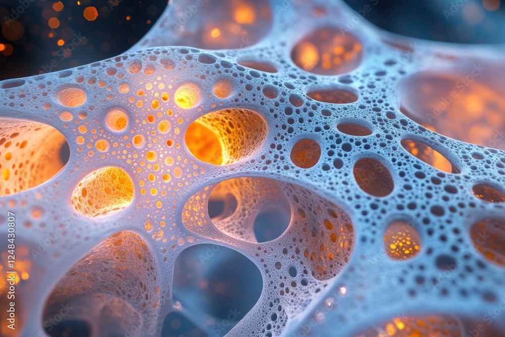 Abstract 3D render of a porous, organic structure with glowing orange inner cavities. Abstract 3D render of a porous, organic structure with glowing orange inner cavities.